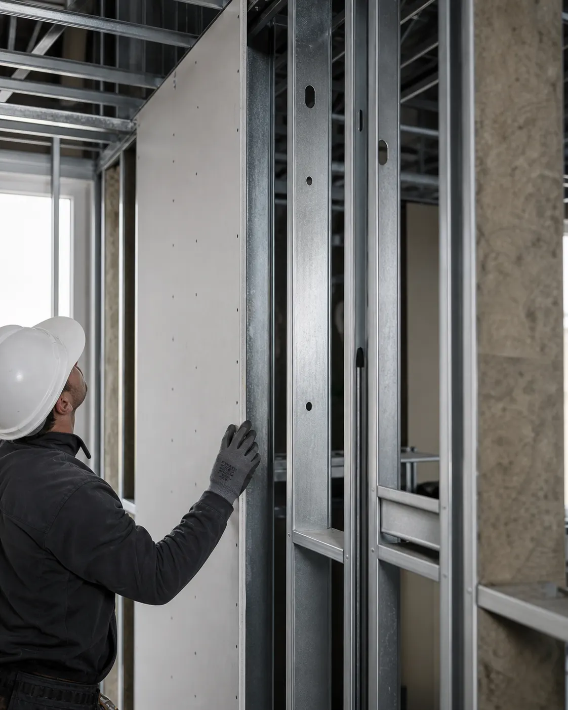Instalador alinhando painel de vedação em estrutura Light Steel Frame