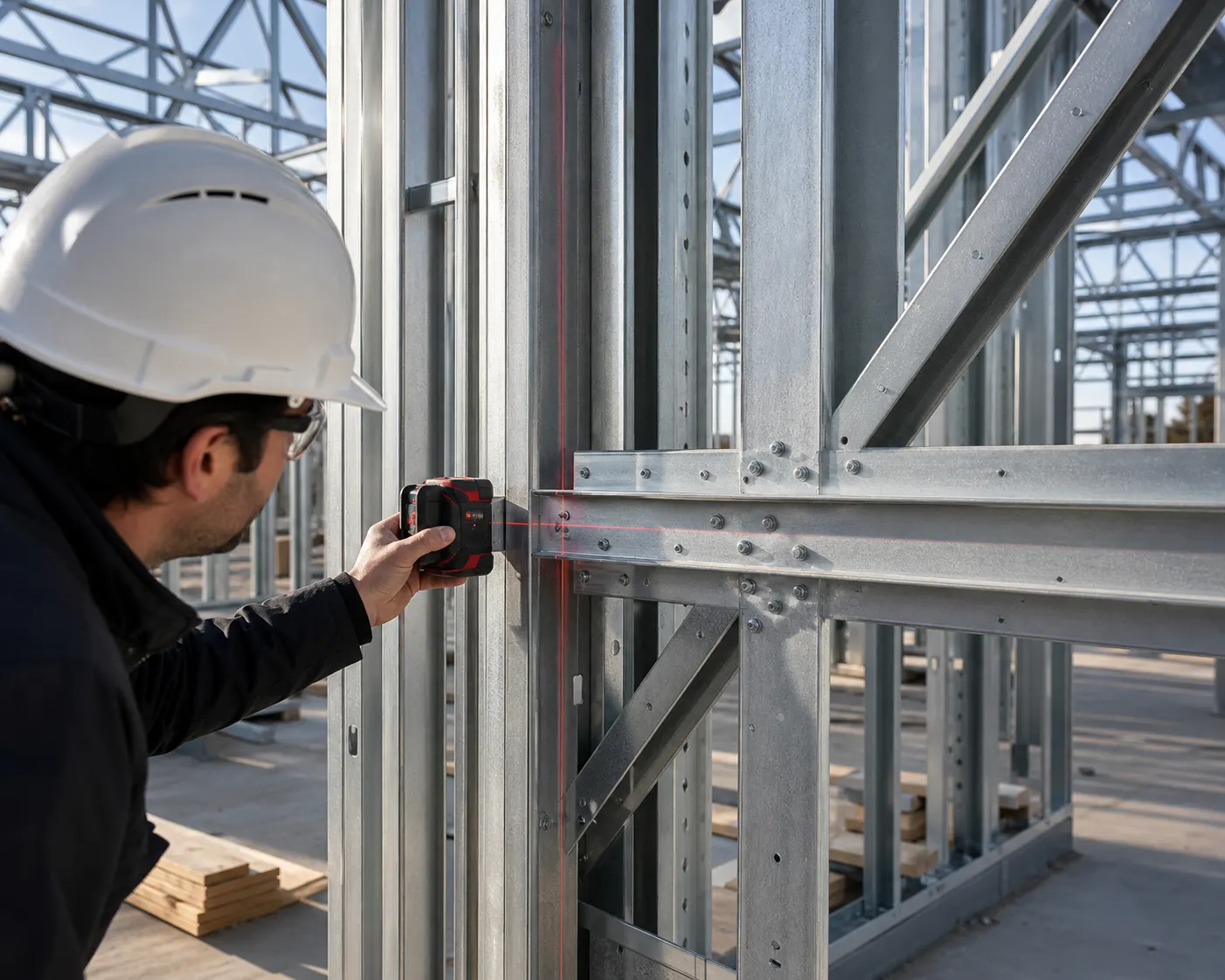 Engenheiro conferindo alinhamento de perfis galvanizados com nível laser