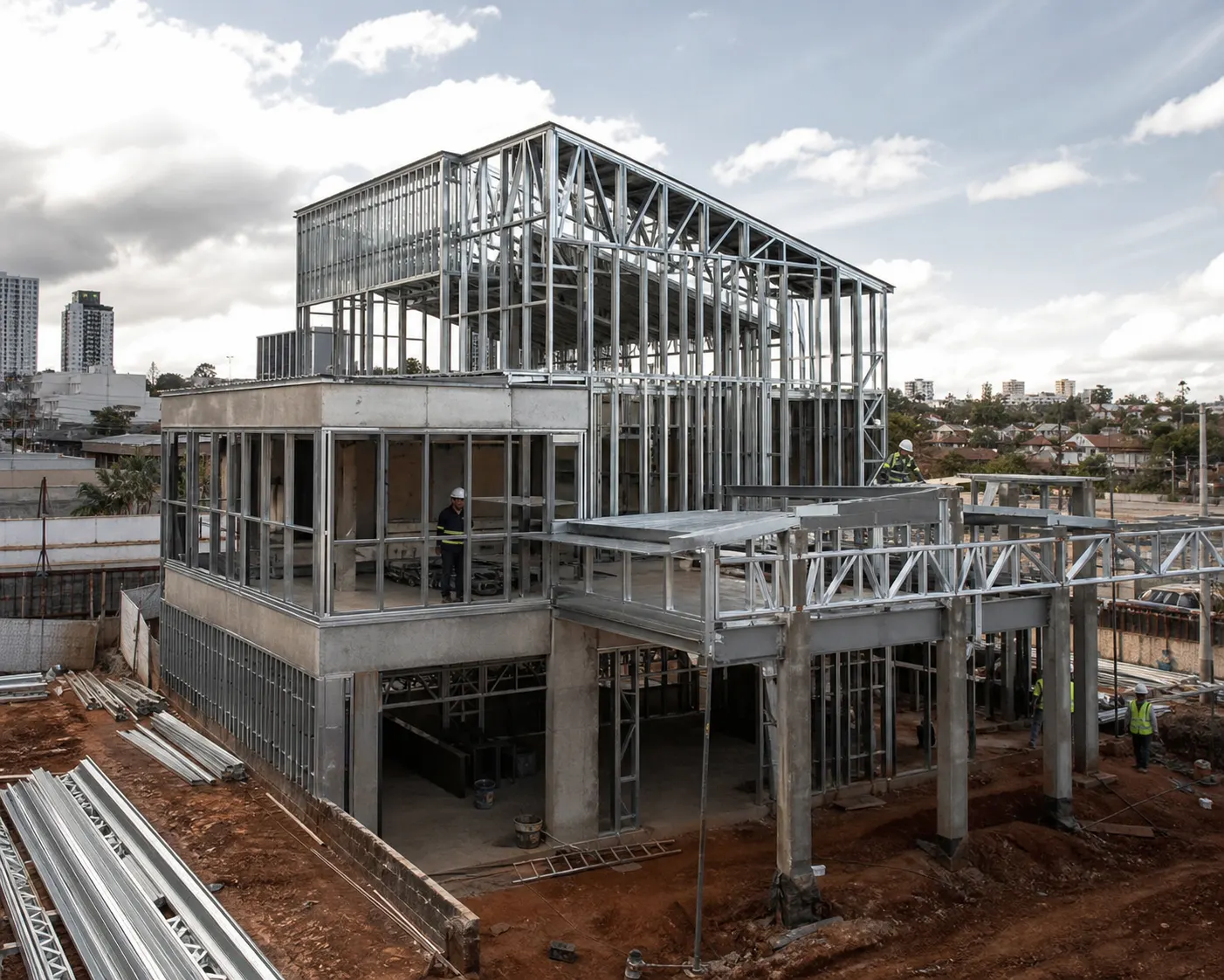 Edificação moderna em montagem com estrutura Light Steel Frame